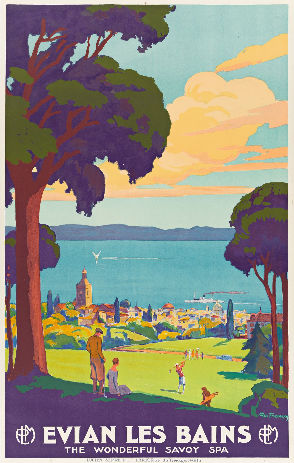 GÉO FRANÇOIS (1880-1968).  EVIAN LES BAINS / THE WONDERFUL SAVOY SPA. Circa 1930. 39¾x25 inches, 101x63½ cm. Lucien Serre & Cie., Paris